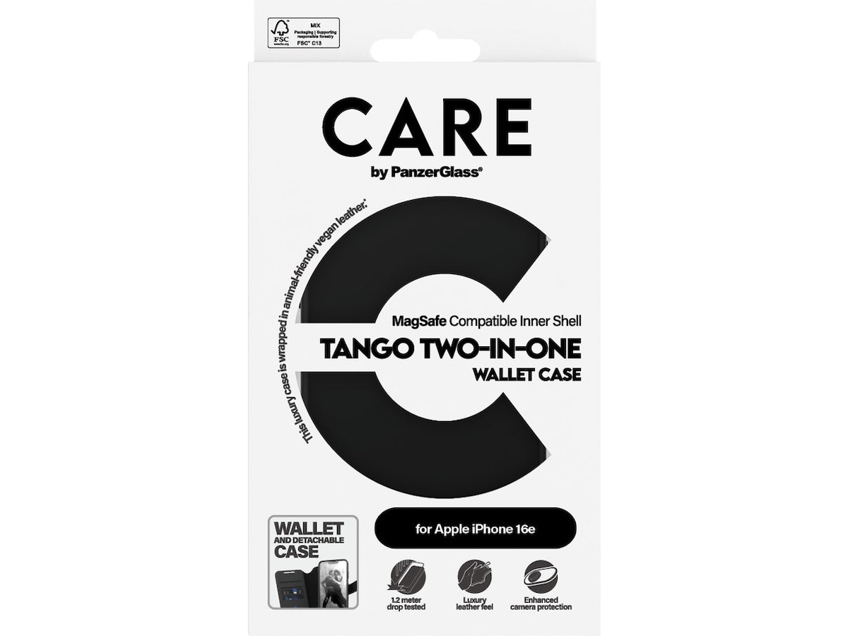 PanzerGlass CARE iPhone 16e Tango 2-i-1 Lommebokdeksel (sort) Mobildeksel