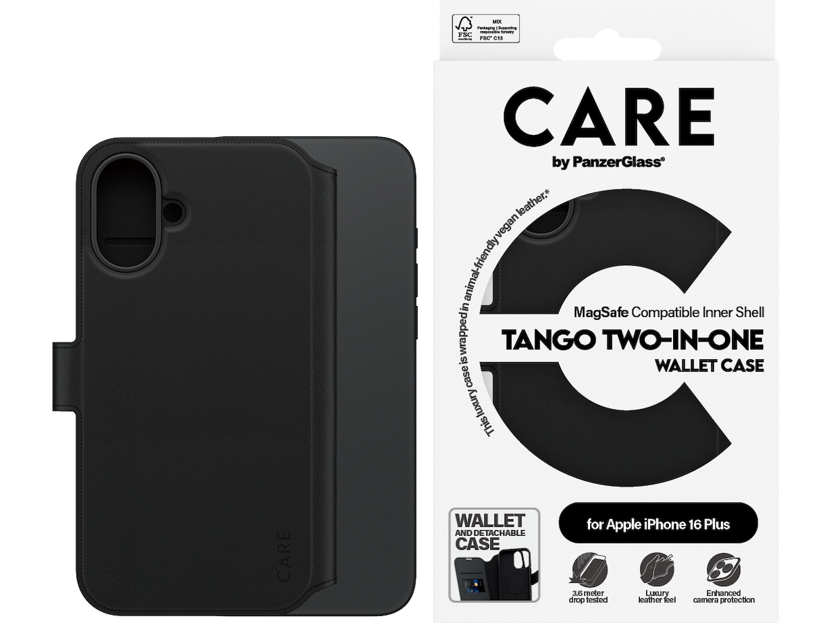 PanzerGlass CARE iPhone 16 Plus Tango 2-i-1 Lommebokdeksel (sort) Mobildeksel