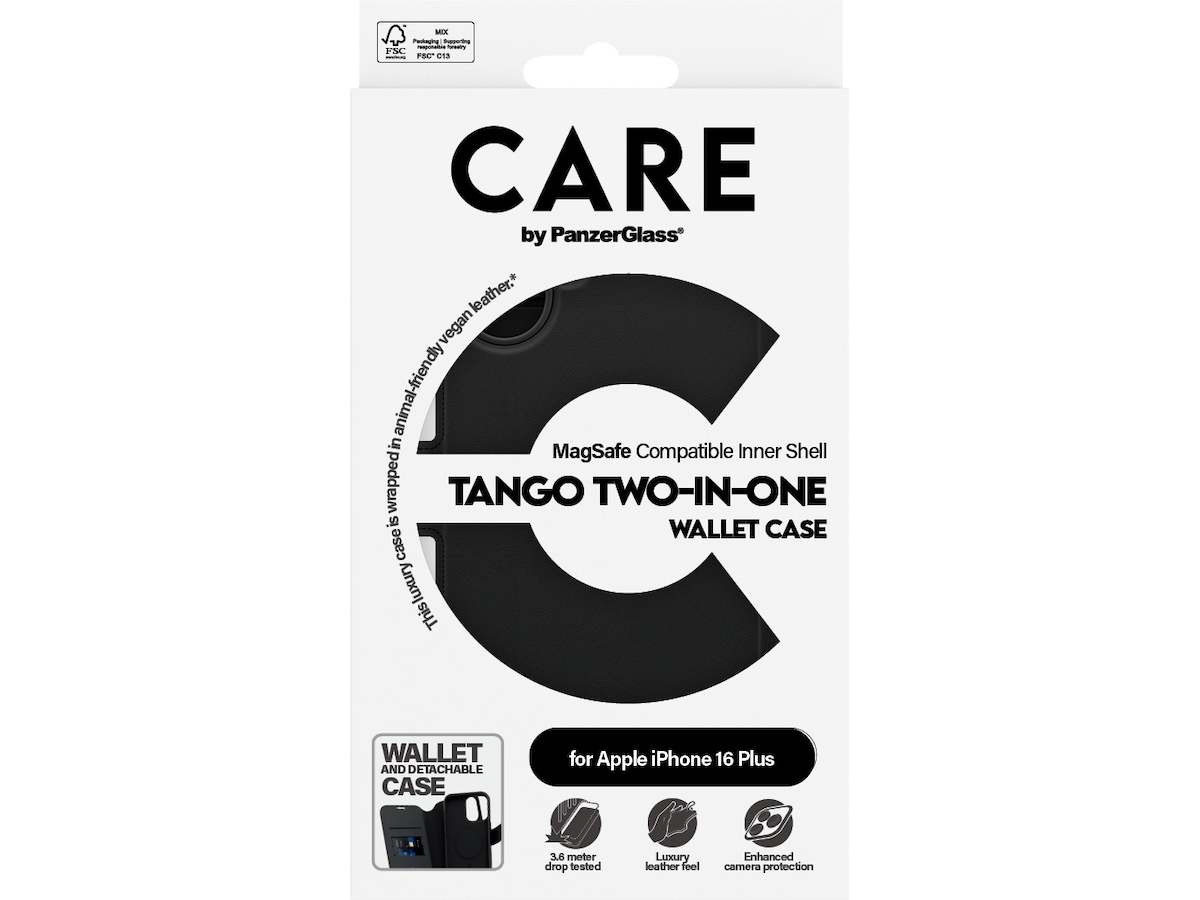 PanzerGlass CARE iPhone 16 Plus Tango 2-i-1 Lommebokdeksel (sort) Mobildeksel
