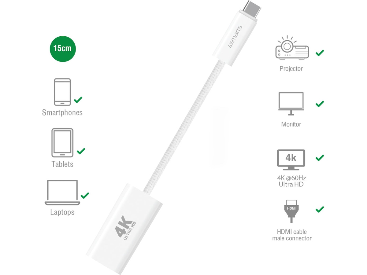 4smarts USB-C til HDMI adapter 15cm (hvit) Kabeladaptere & overganger