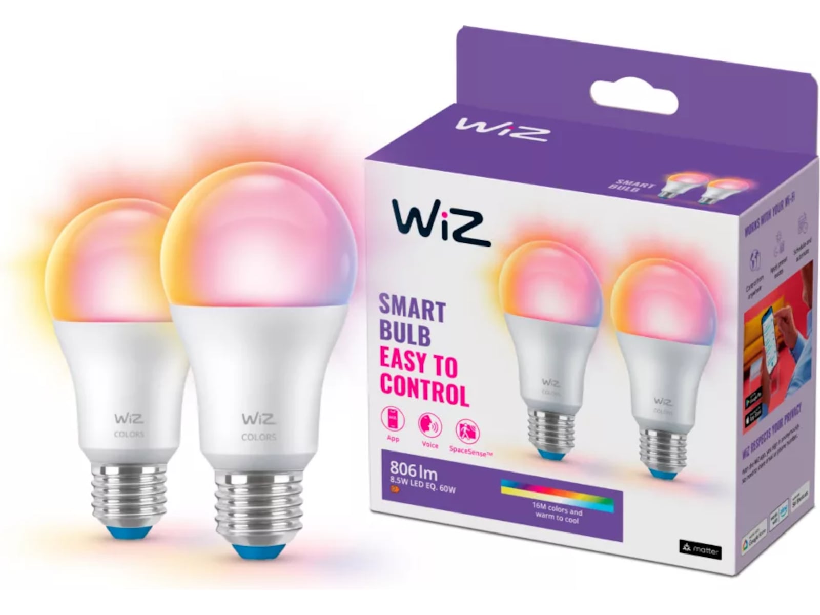 WiZ LED A-60 8,8W E27 RGB Lyspære 2pk Lyspærer & LED-pærer