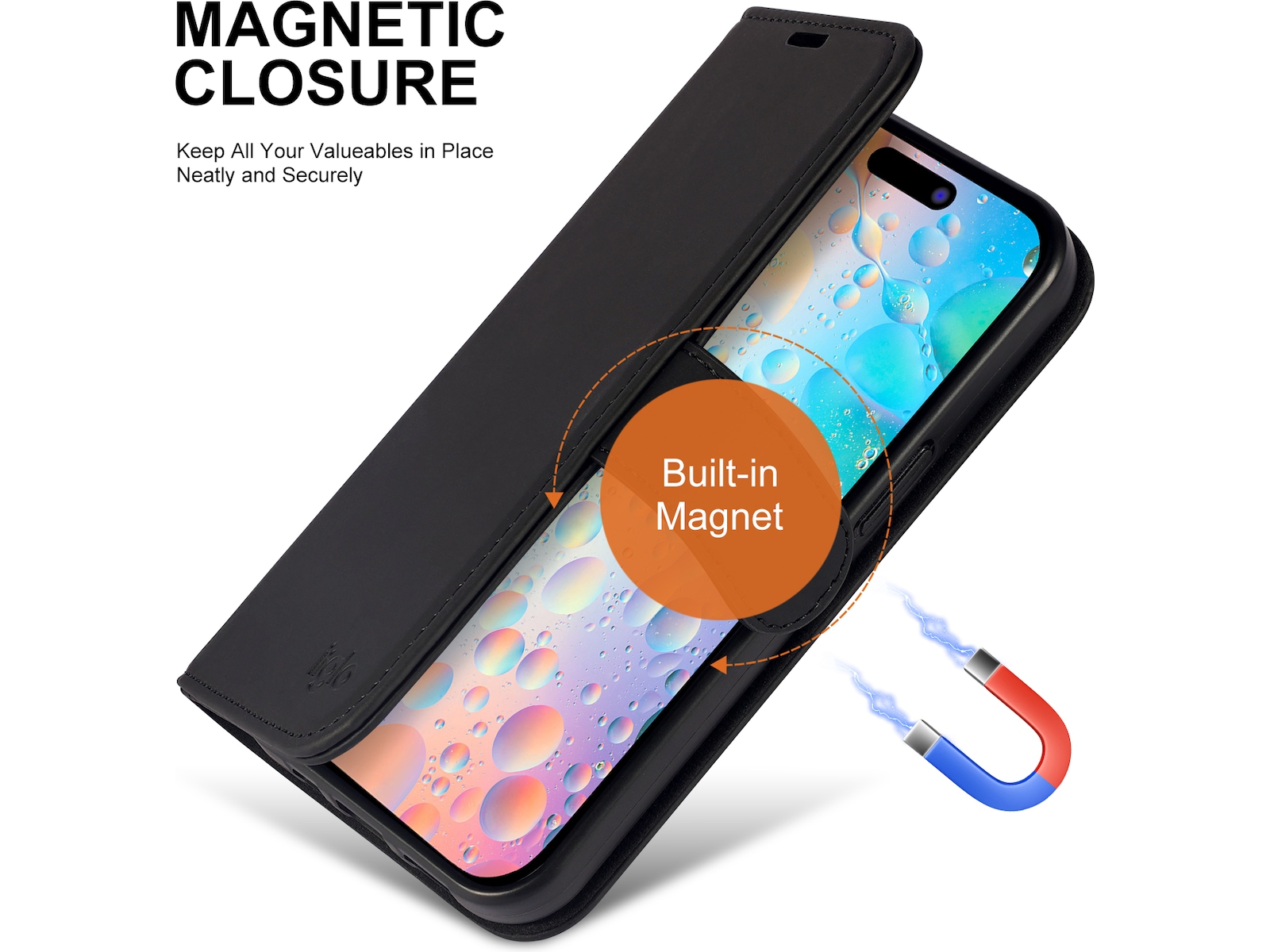 iiglo iPhone 15 / 14 Lommebokdeksel (sort) Mobildeksel