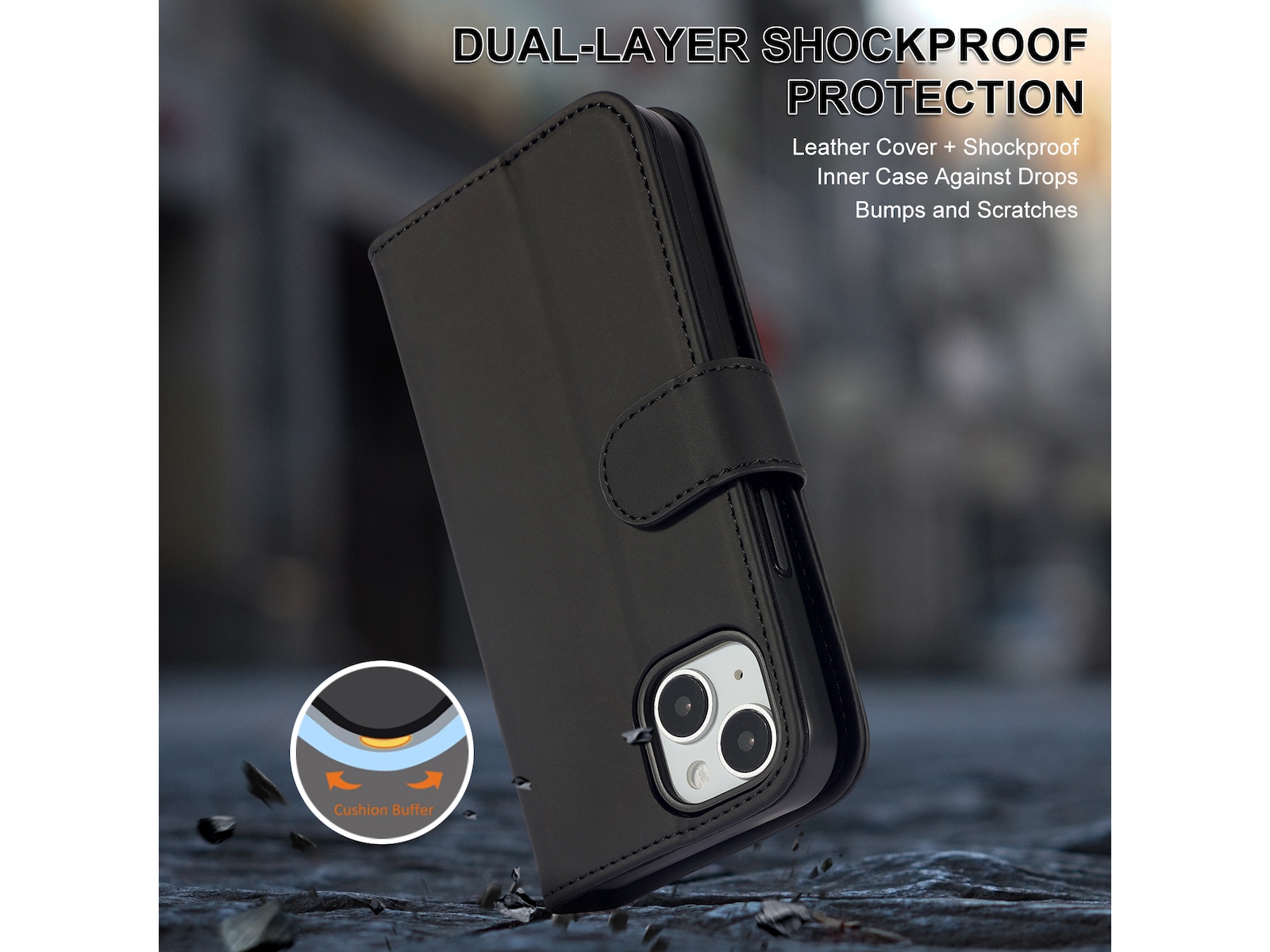 iiglo iPhone 15 / 14 Lommebokdeksel (sort) Mobildeksel