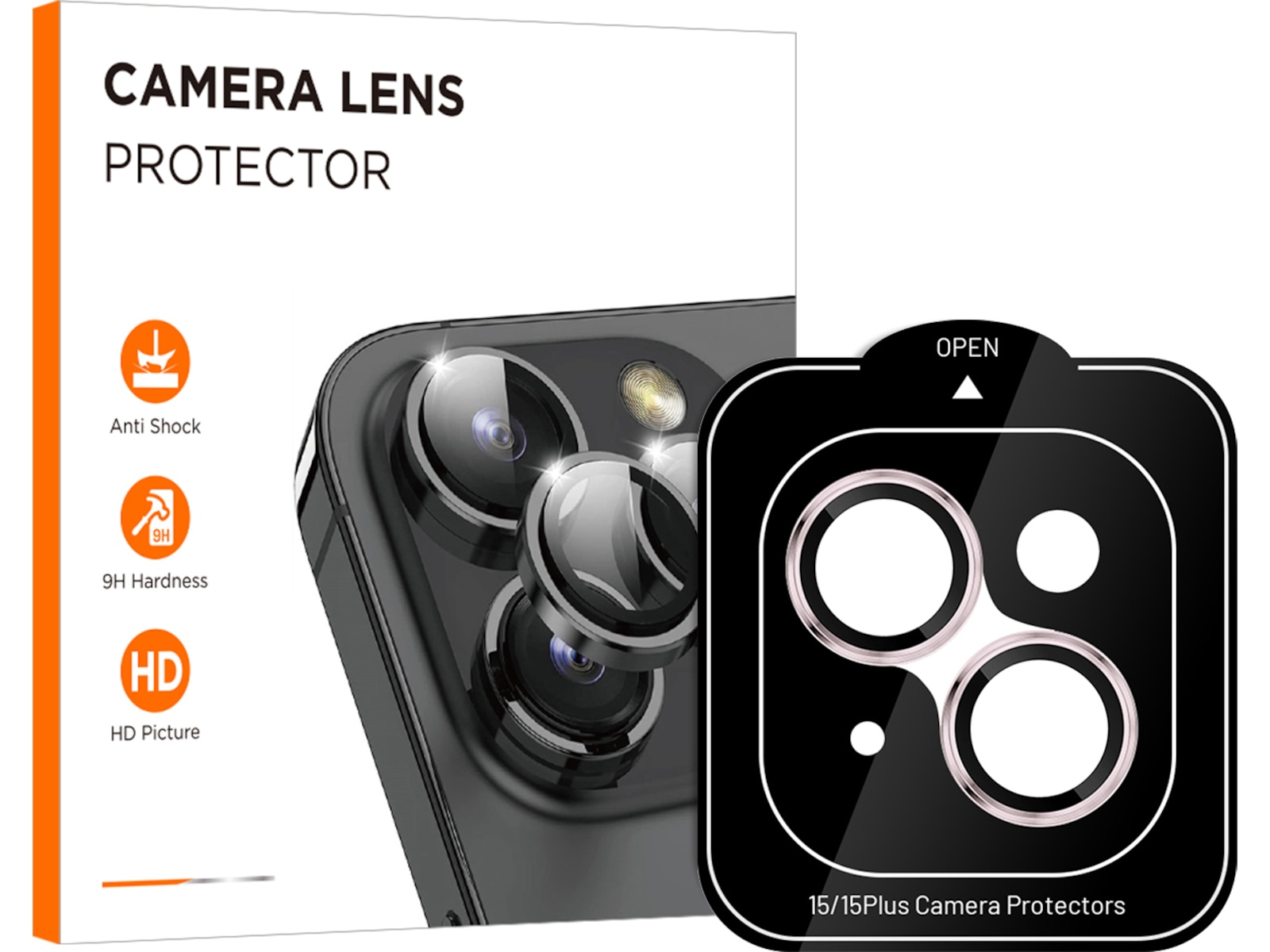 iiglo iPhone 15 / 15 Plus Linsebeskytter rosa ramme (rosa) Skjermbeskytter