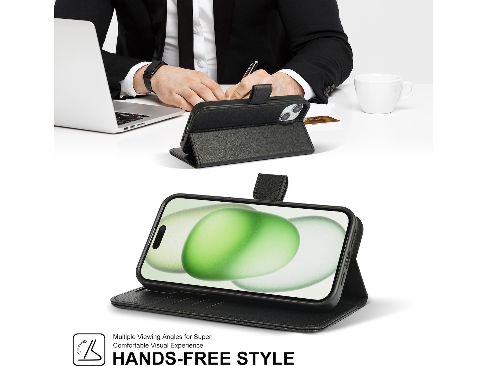 iiglo iPhone 15 Plus 2-i-1 Lommebokdeksel (sort) Mobildeksel