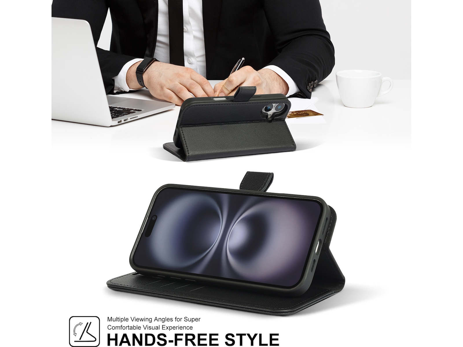 iiglo iPhone 16 Plus 2-i-1 Lommebokdeksel (sort) Mobildeksel