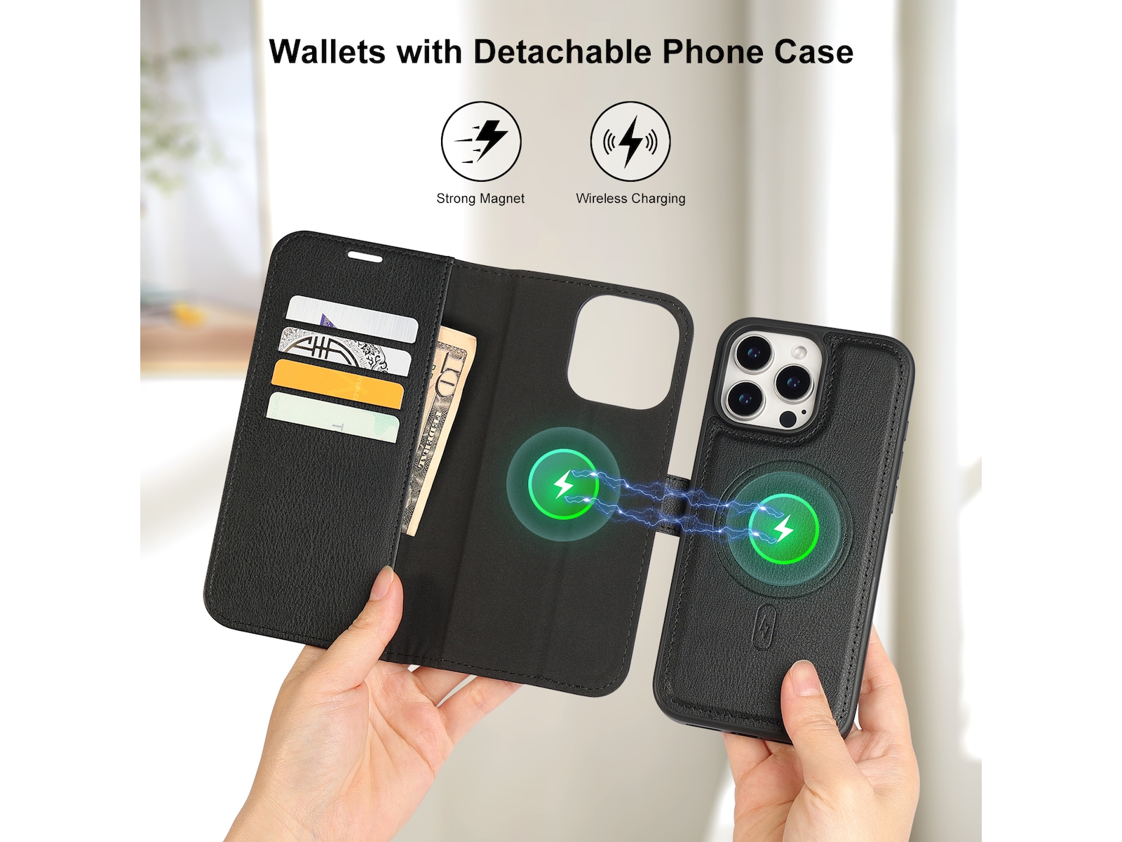 iiglo iPhone 16 Pro Max 2-i-1 Lommebokdeksel (sort) Mobildeksel