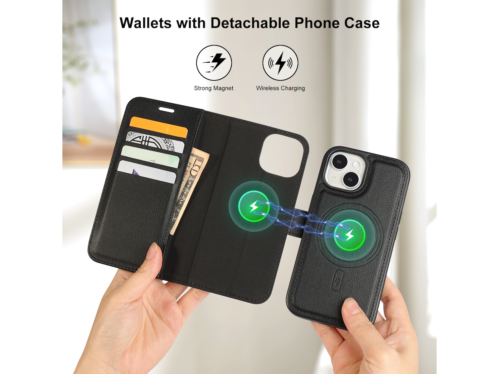 iiglo iPhone 15 2-i-1 Lommebokdeksel (sort) Mobildeksel