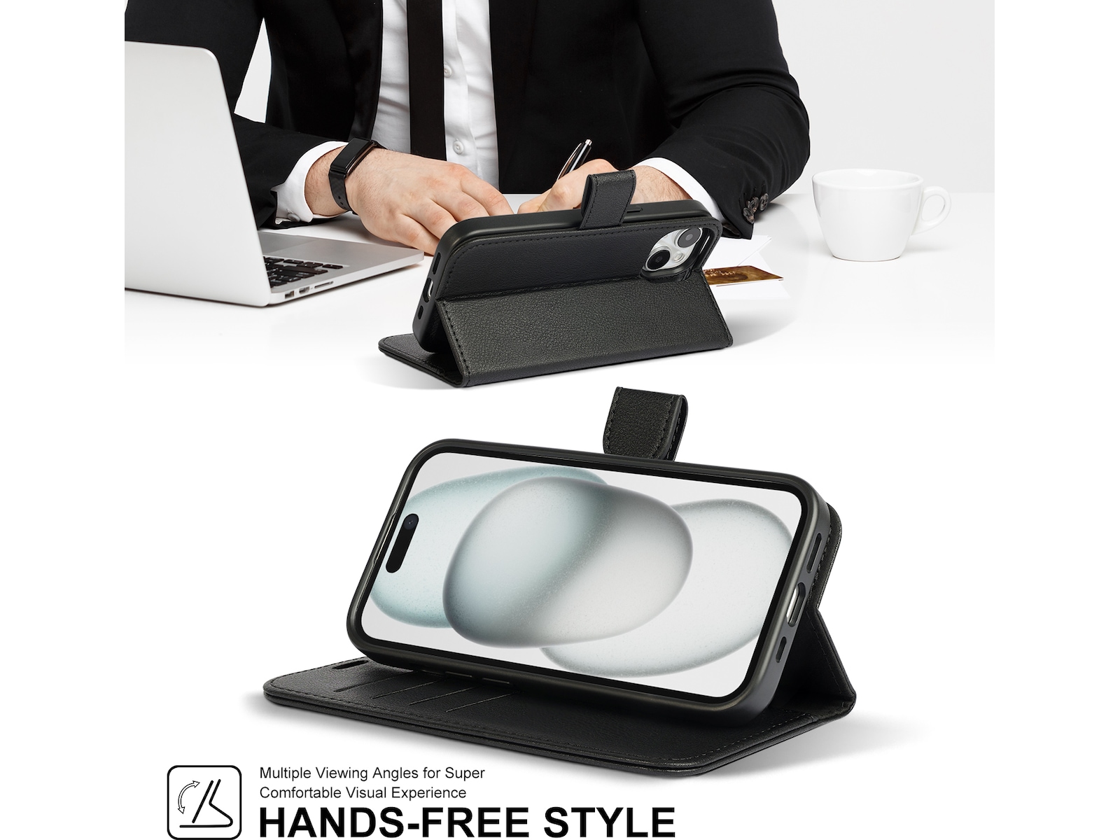 iiglo iPhone 15 2-i-1 Lommebokdeksel (sort) Mobildeksel