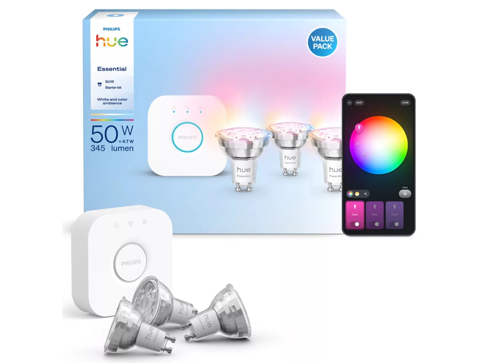 Philips Hue Essential WCA Startpakke (3x GU10 spot + Bridge) Lyspærer & LED-pærer