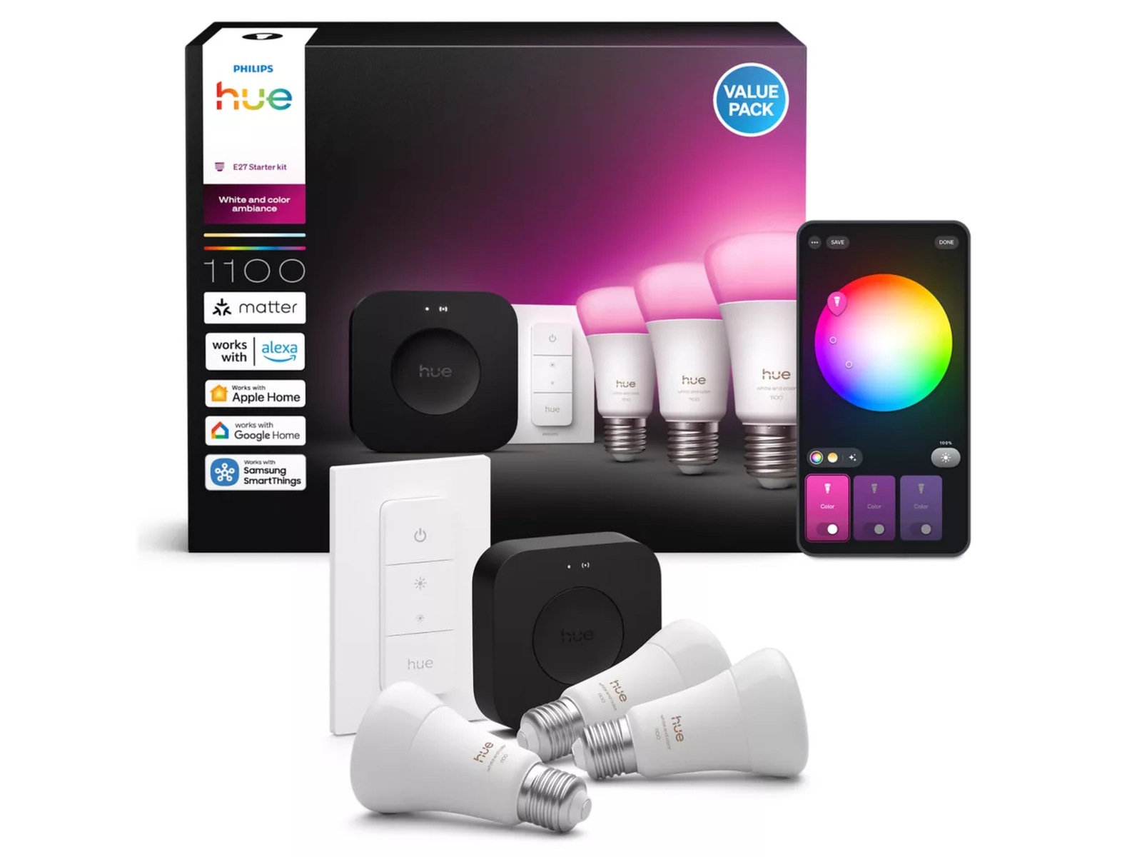 Philips Hue WCA Startpakke (3x E27 + Dimmer + Bridge Pro) Lyspærer & LED-pærer