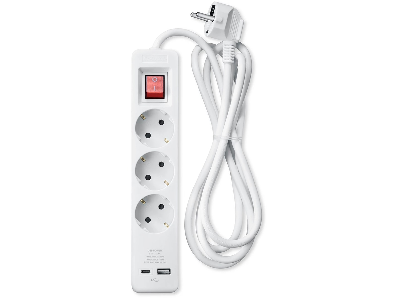 Andersson Strømforgrener 3x uttak og  2x USB 1,5m (hvit) Skjøtekabel & forgrener