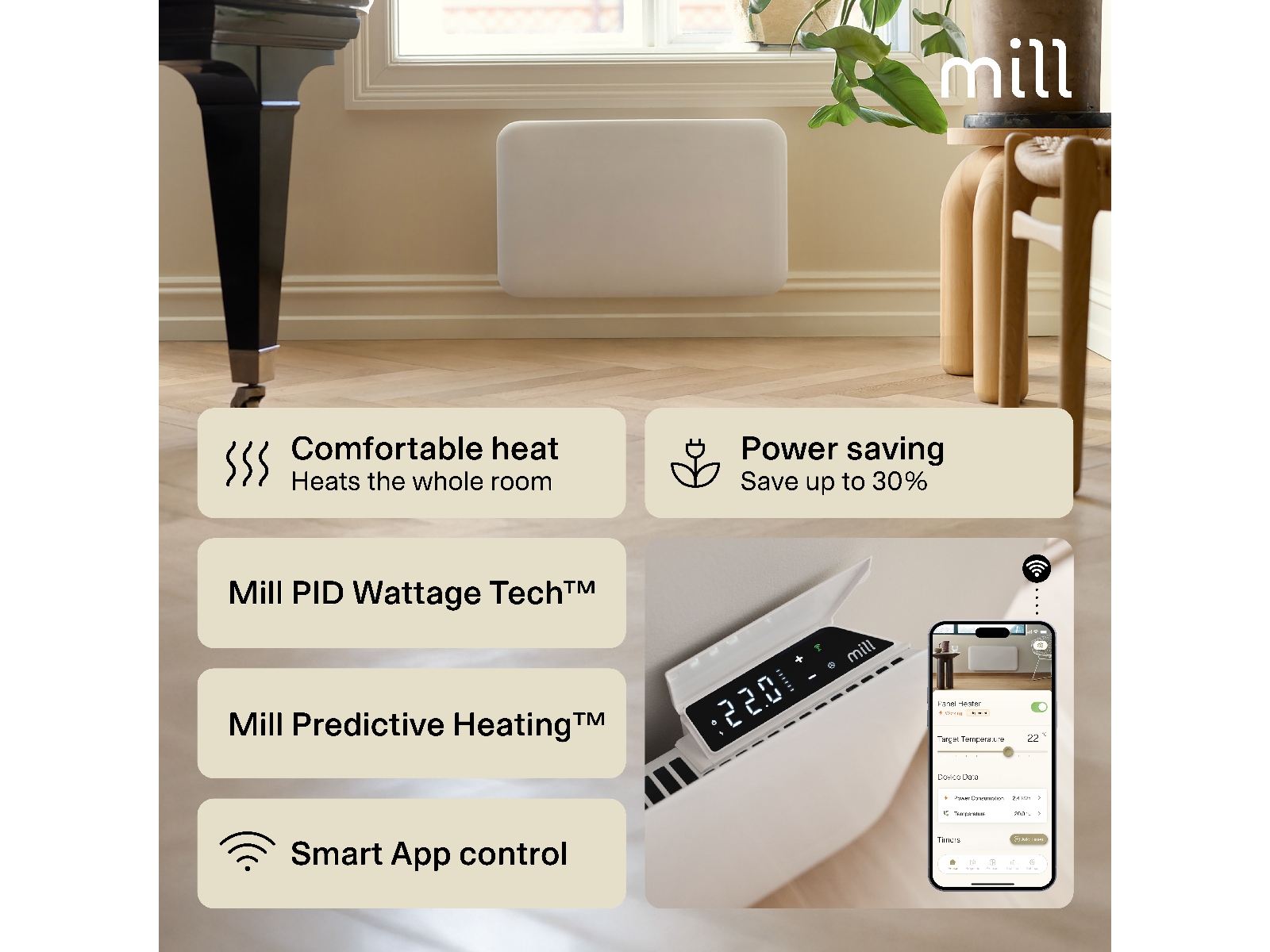 Mill Invisible Smart WiFi Gen 4 panelovn 700W (hvit) Panelovner