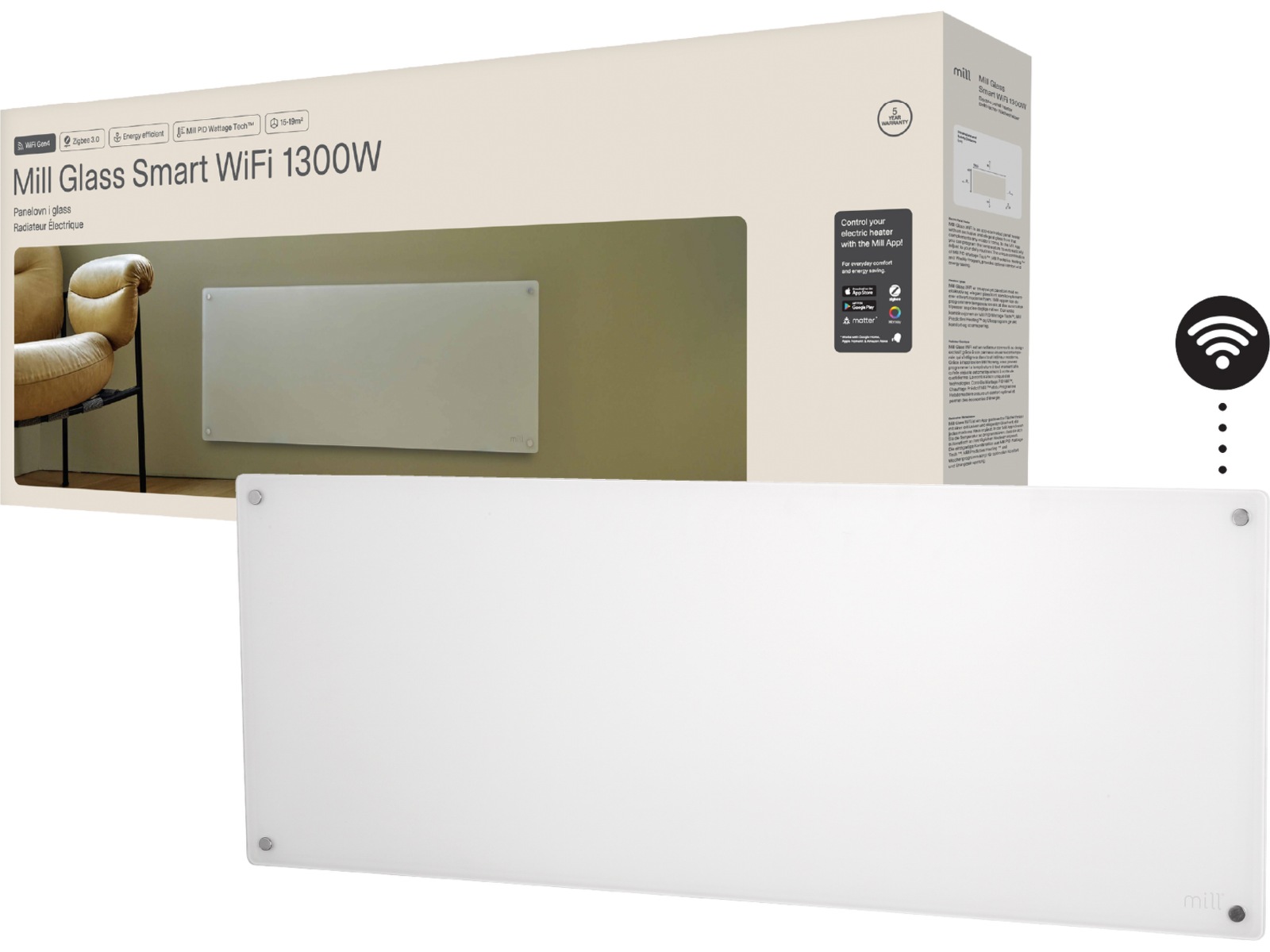 Mill Glass Smart WiFi Gen 4 panelovn 1300W (hvit) Panelovner