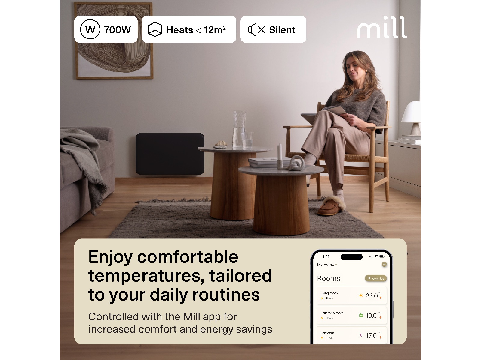 Mill Invisible Smart WiFi Gen 4 panelovn 700W (sort) Panelovner