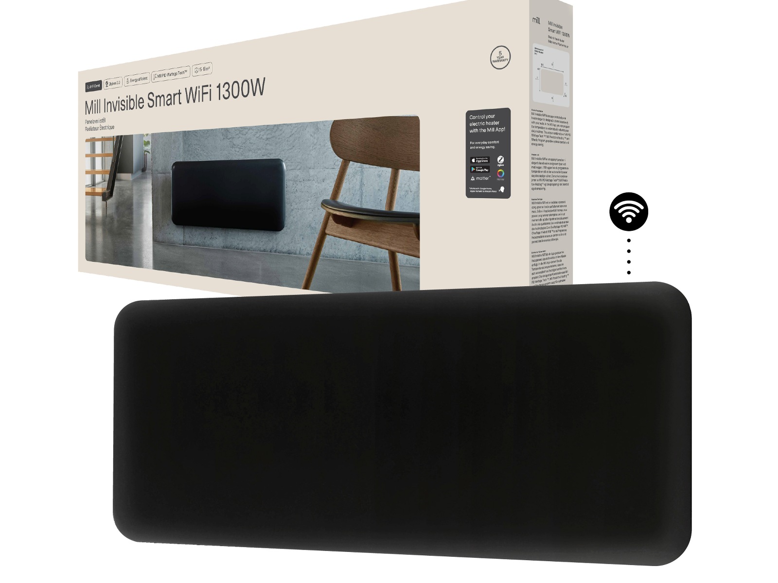 Mill Invisible Smart WiFi Gen 4 panelovn 1300W (sort) Panelovner