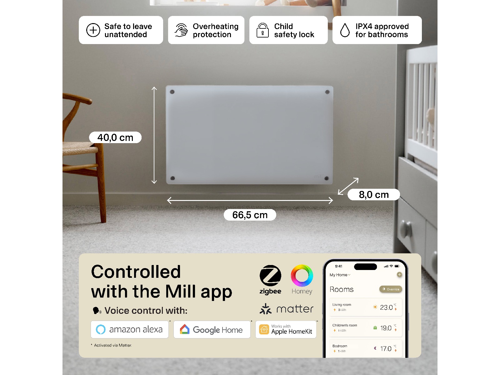 Mill Glass Smart WiFi Gen 4 panelovn 700W (hvit) Panelovner