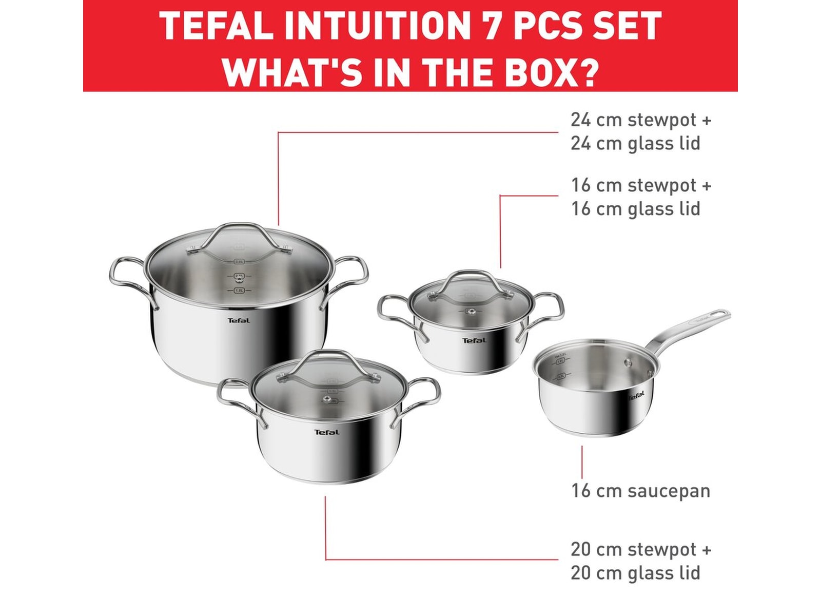 Tefal Intuition 7-delers grytesett i ubelagt rustfritt stål B864S734 Tilbehør til stekeovn og komfyrer