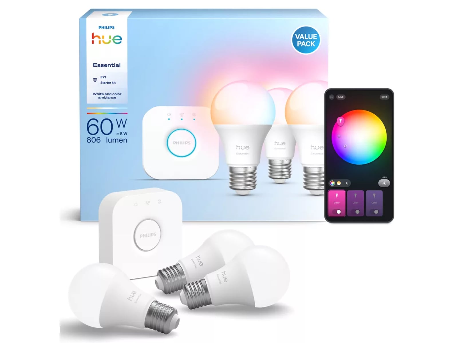 Philips Hue WCA Essential Startpakke (3x E27 + Bridge) Lyspærer & LED-pærer