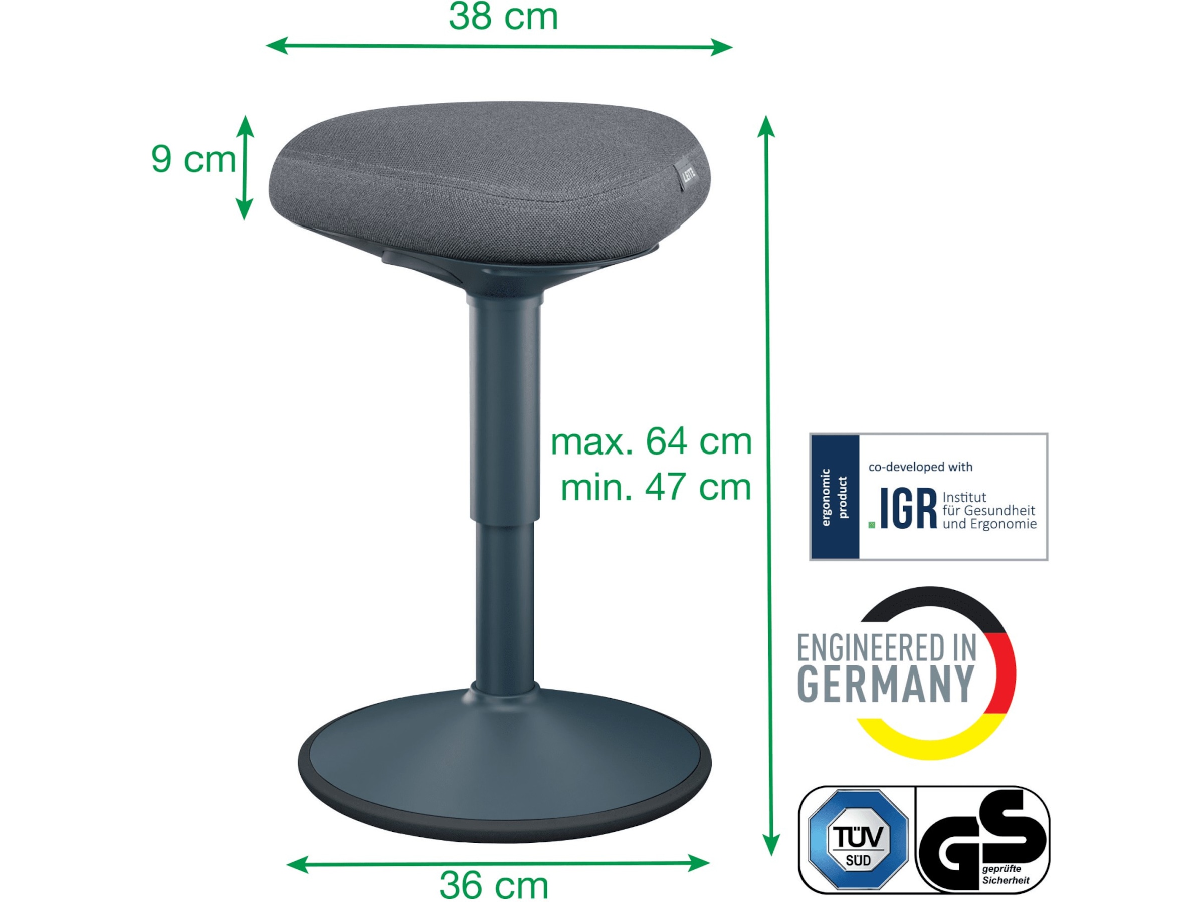 Leitz Ergo Active Balansestol med komfortsete (mørk grå) Kontorstoler