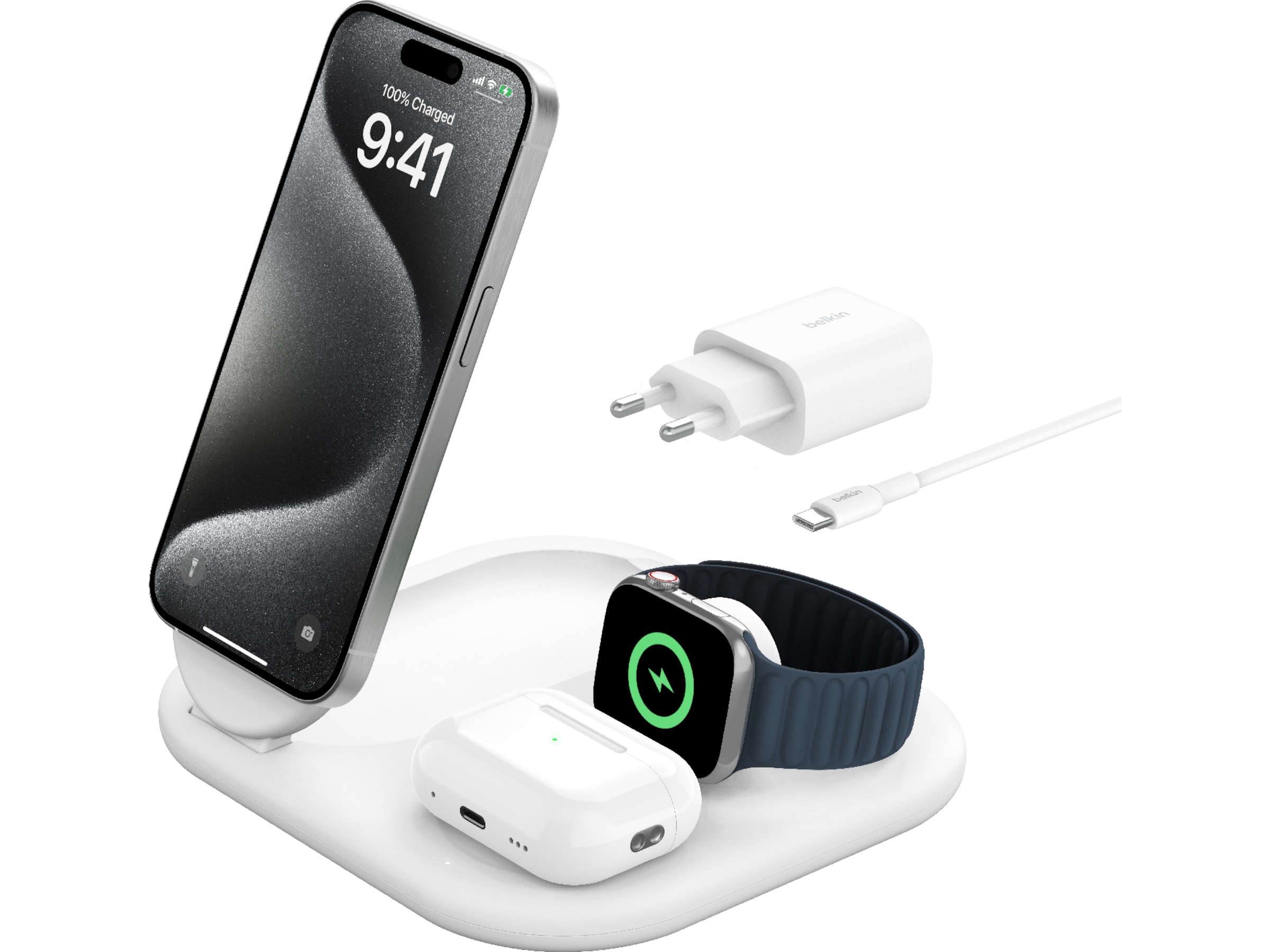 Belkin 3-i-1 Qi2 Trådløs lader (hvit) Trådløs lader