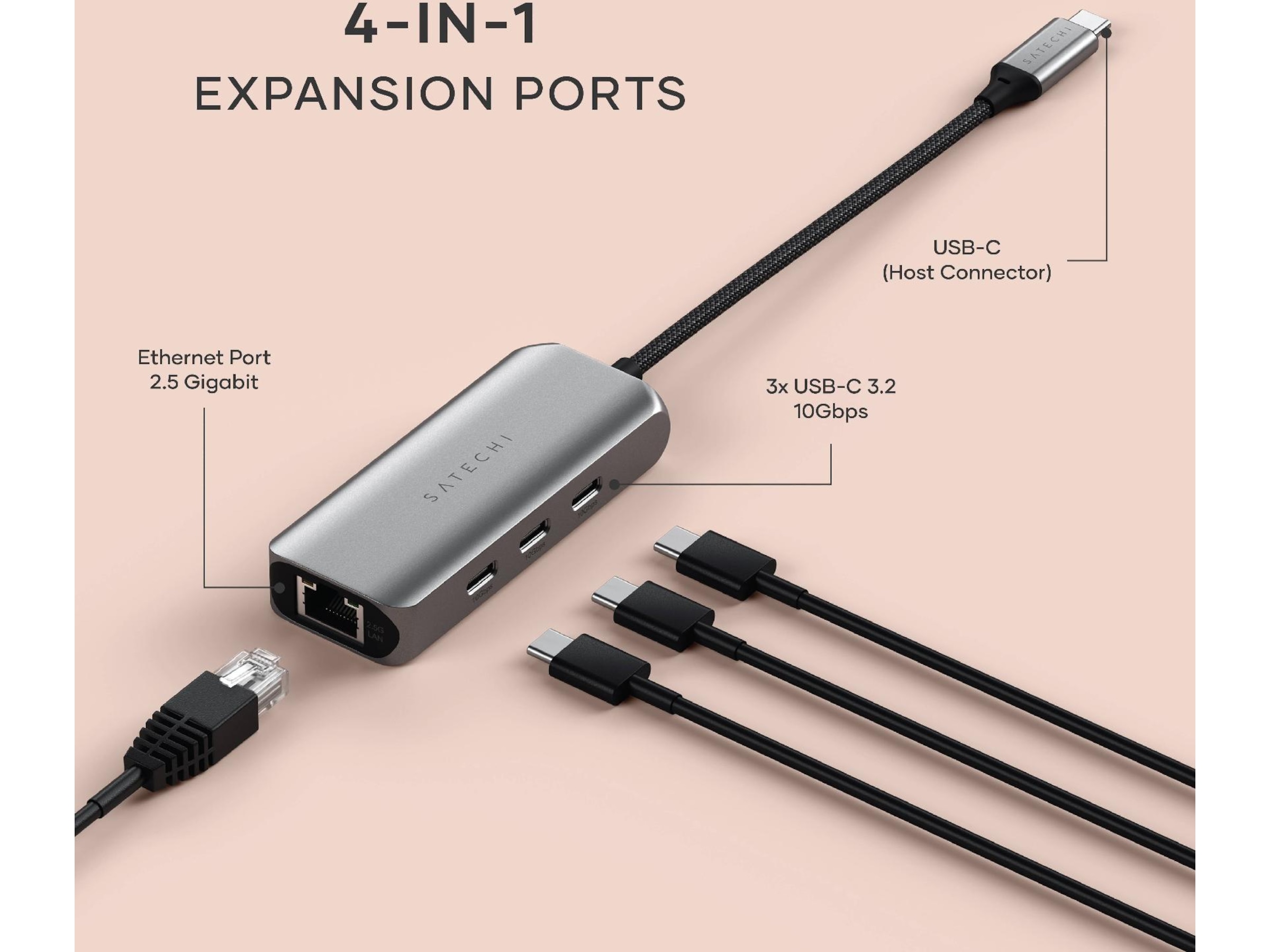 Satechi 4-in-1 USB-C og Ethernet docking (stellargrå) Dockingstasjon & USB-HUB