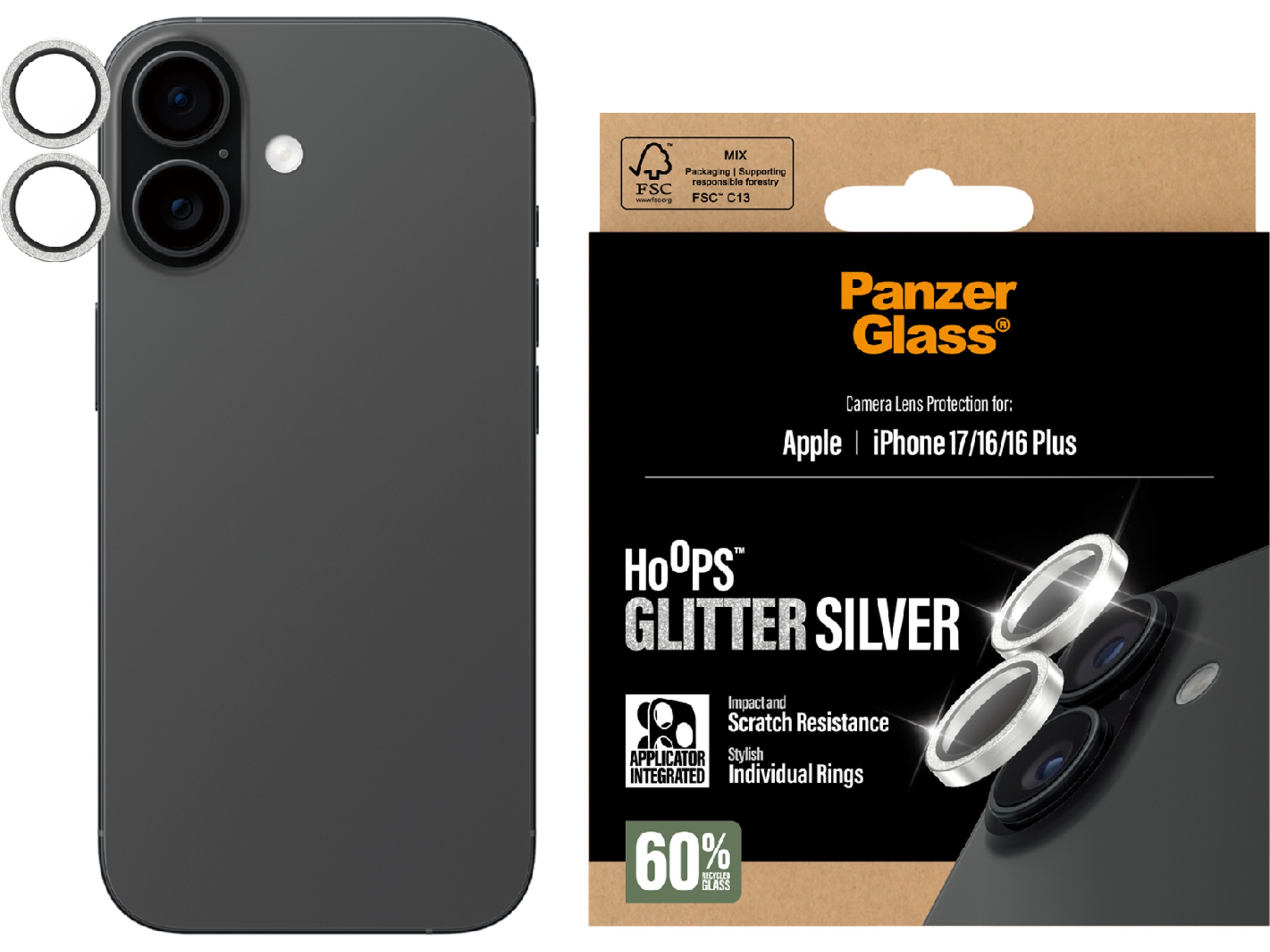 PanzerGlass iPhone 17 / 16 / 16 Plus Hoops Linsebeskytter (glitter silver) Skjermbeskytter