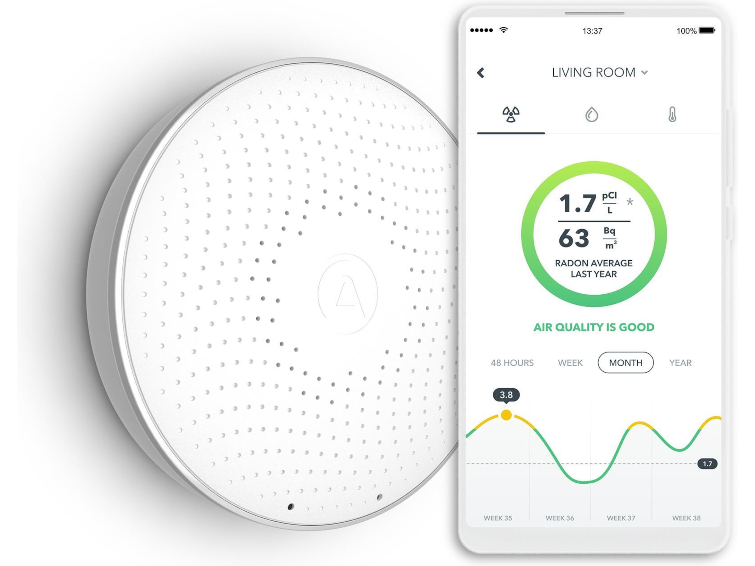 Airthings Wave Radonmåler (hvit) Luftkvalitetsmålere