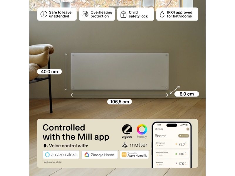 Mill Glass Smart WiFi Gen 4 panelovn 1300W (hvit) Panelovner