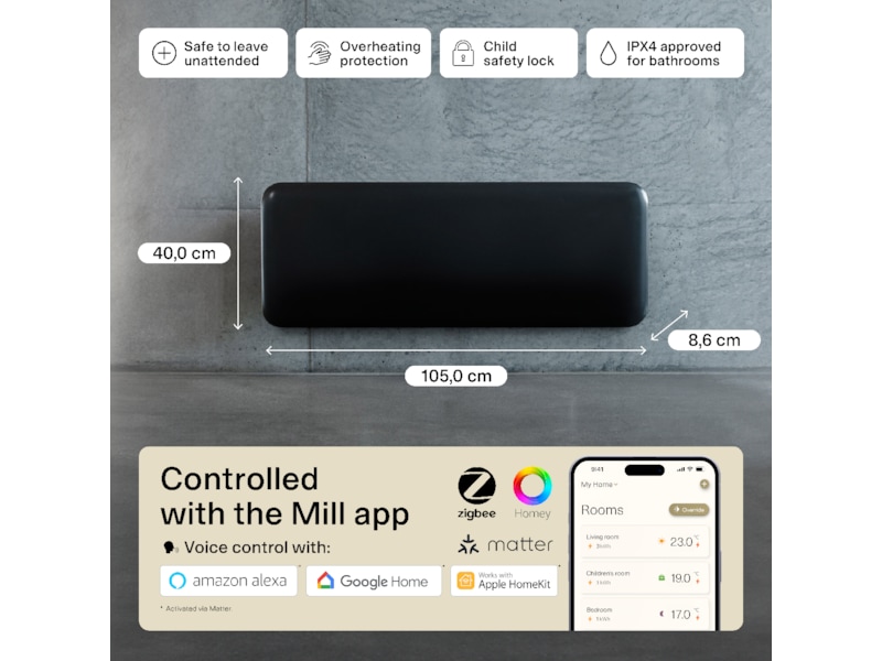 Mill Invisible Smart WiFi Gen 4 panelovn 1300W (sort) Panelovner