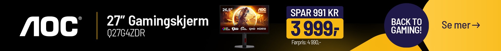 AOC gaminbg skjerm spar 991 kr