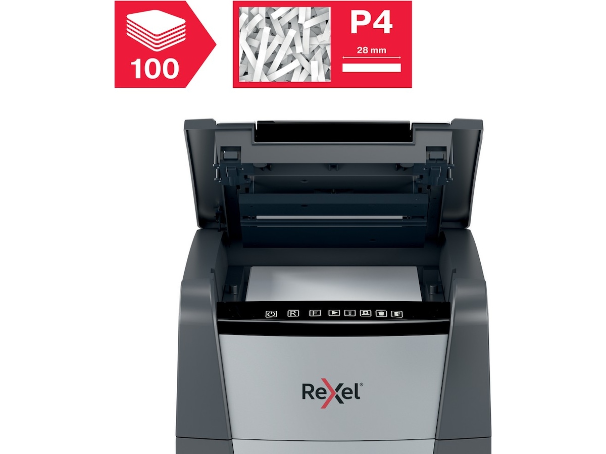 Rexel Makuleringsmaskin Optimum AutoFeed+ 100X automatisk krysskutt P4 Makuleringsmaskiner