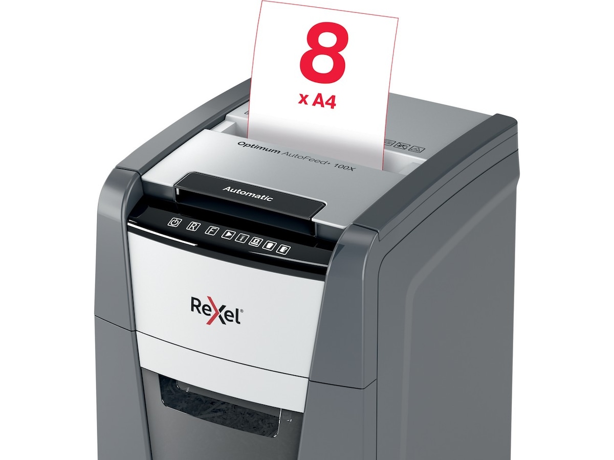 Rexel Makuleringsmaskin Optimum AutoFeed+ 100X automatisk krysskutt P4 Makuleringsmaskiner