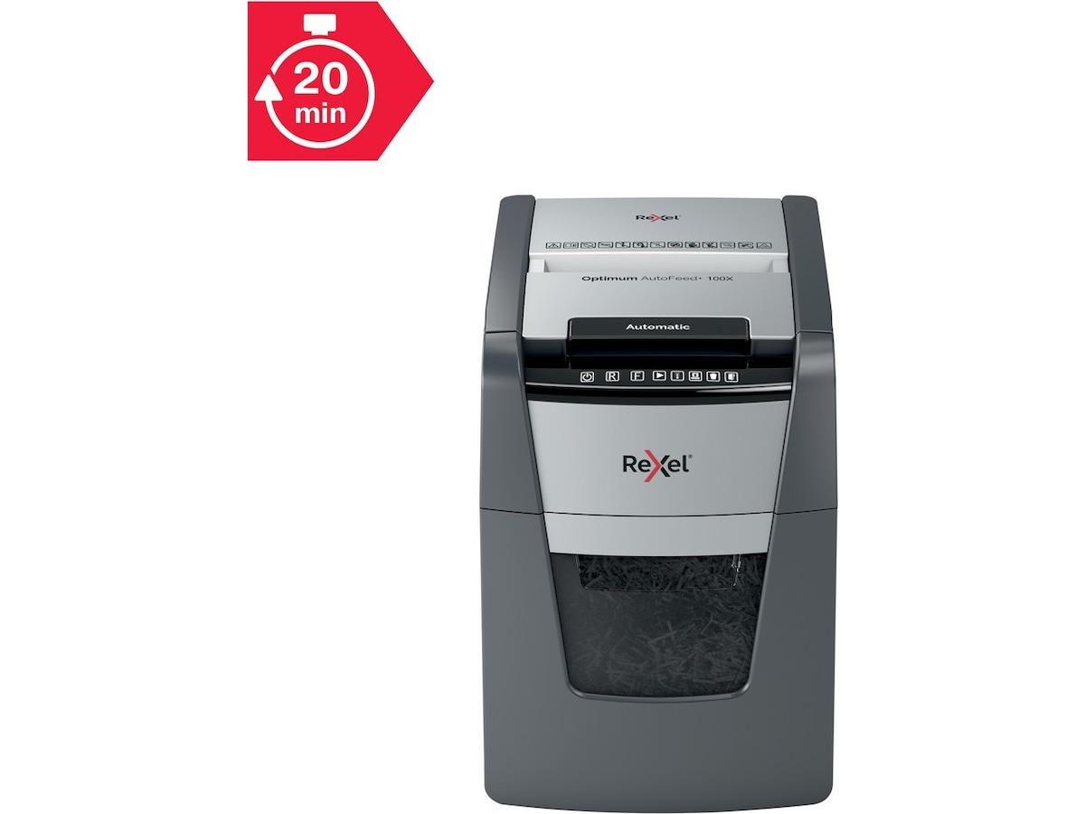 Rexel Makuleringsmaskin Optimum AutoFeed+ 100X automatisk krysskutt P4 Makuleringsmaskiner