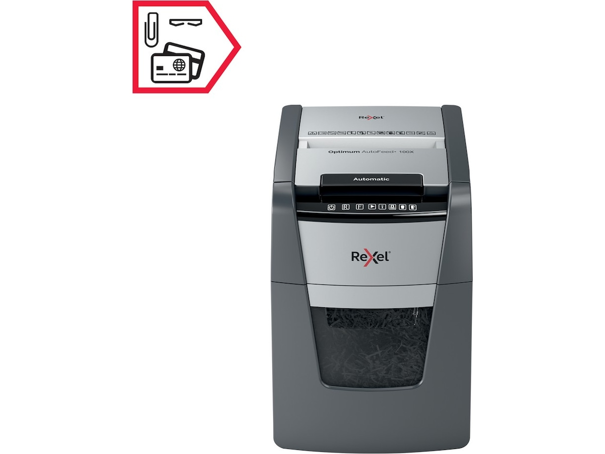 Rexel Makuleringsmaskin Optimum AutoFeed+ 100X automatisk krysskutt P4 Makuleringsmaskiner