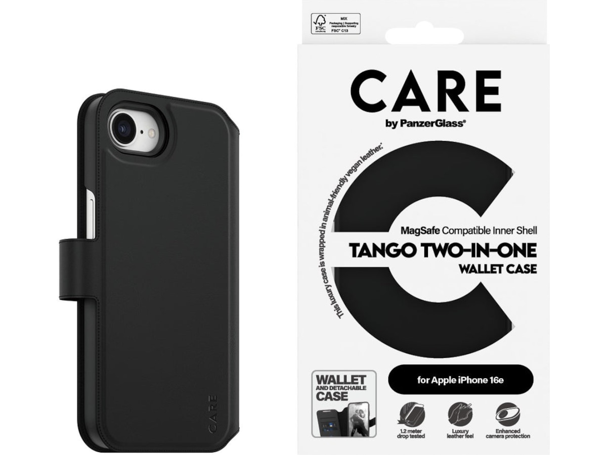 PanzerGlass CARE iPhone 16e Tango 2-i-1 Lommebokdeksel (sort) Mobildeksel