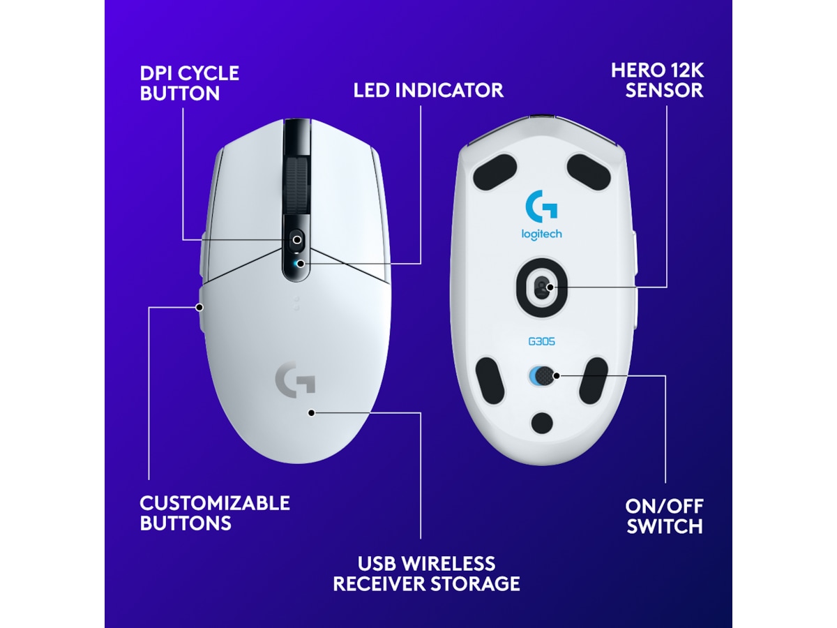 Logitech G305 LIGHTSPEED Trådløs Gamingmus (hvit) Gamingmus