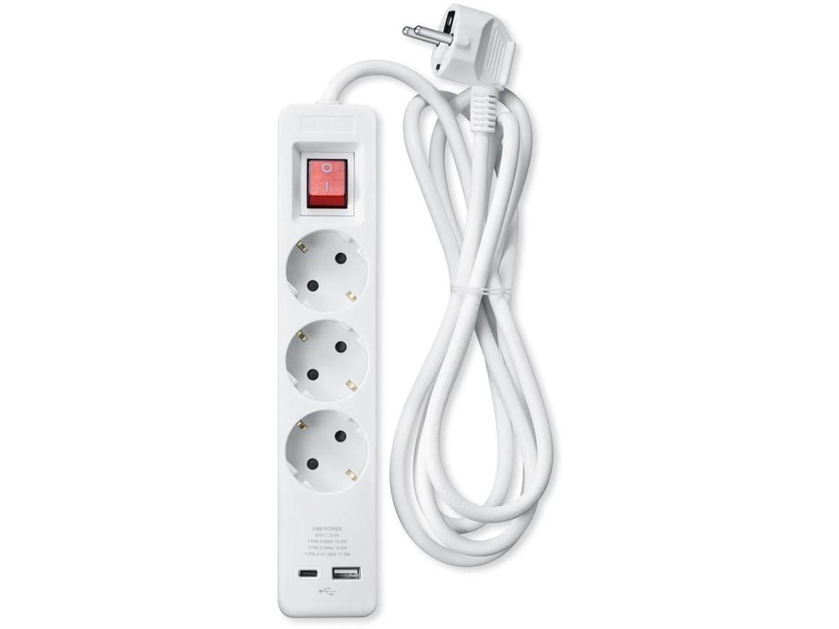 Andersson Strømforgrener 3x uttak og  2x USB 1,5m (hvit) Skjøtekabel & forgrener