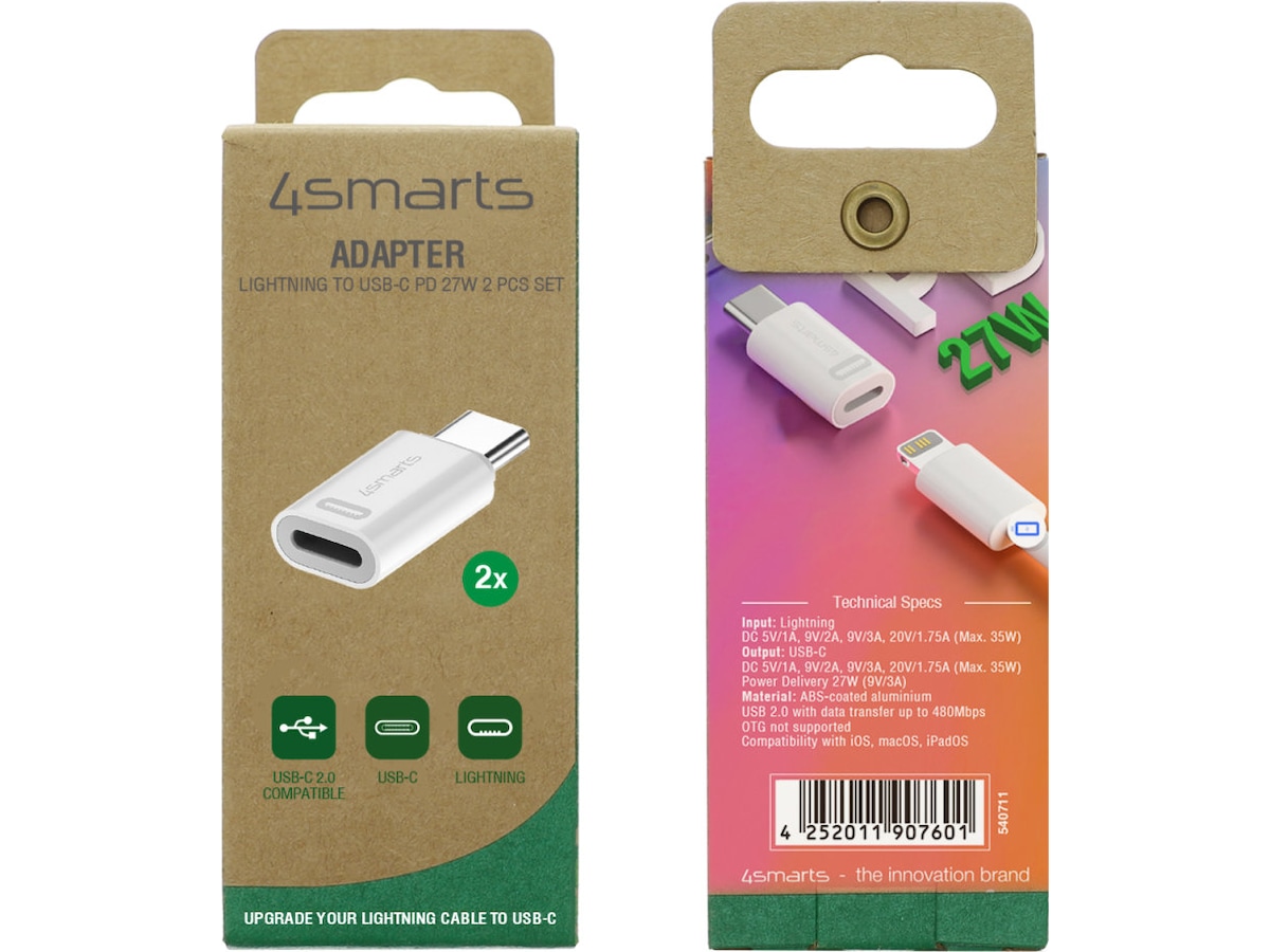 4smarts Lightning til USB-C Adapter, 2-pack (hvit) Adapter og kabel