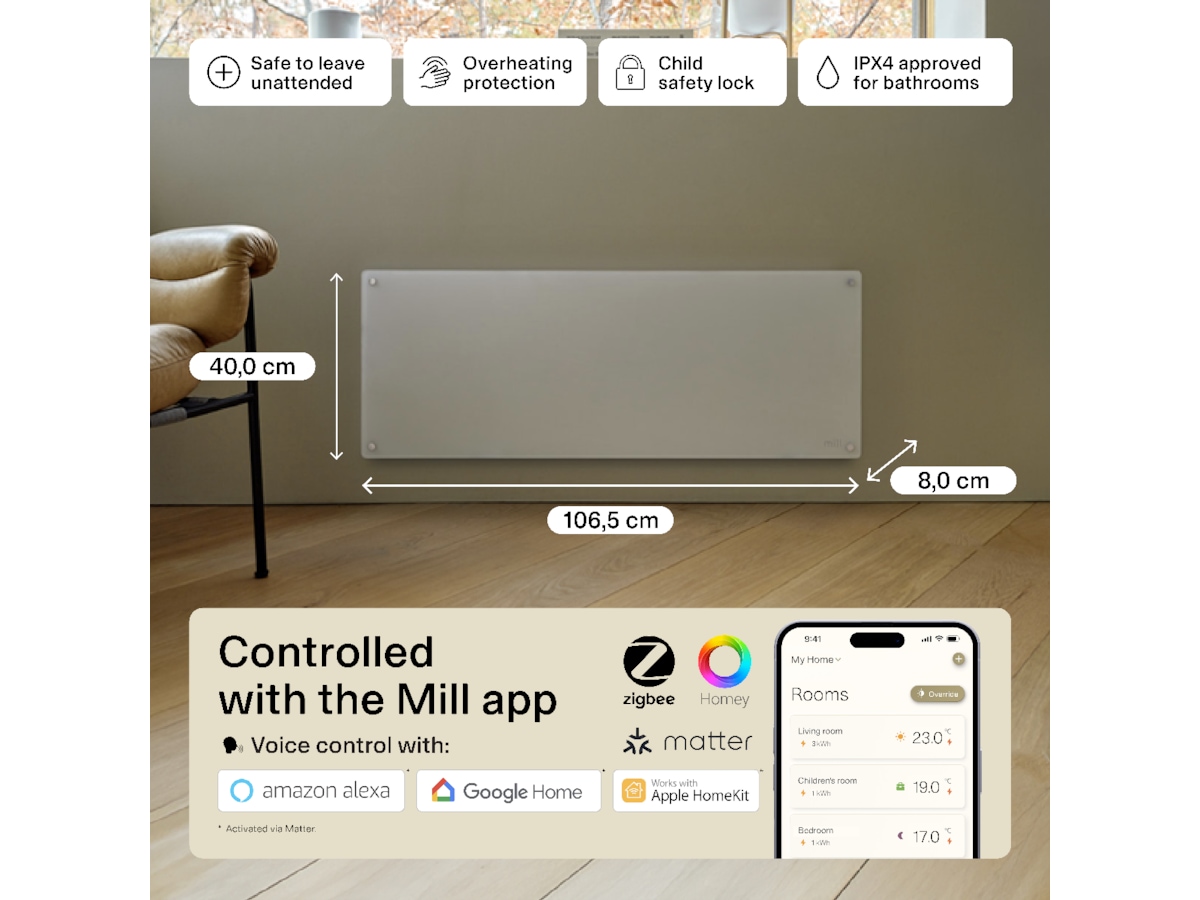Mill Glass Smart WiFi Gen 4 panelovn 1300W (hvit) Panelovner