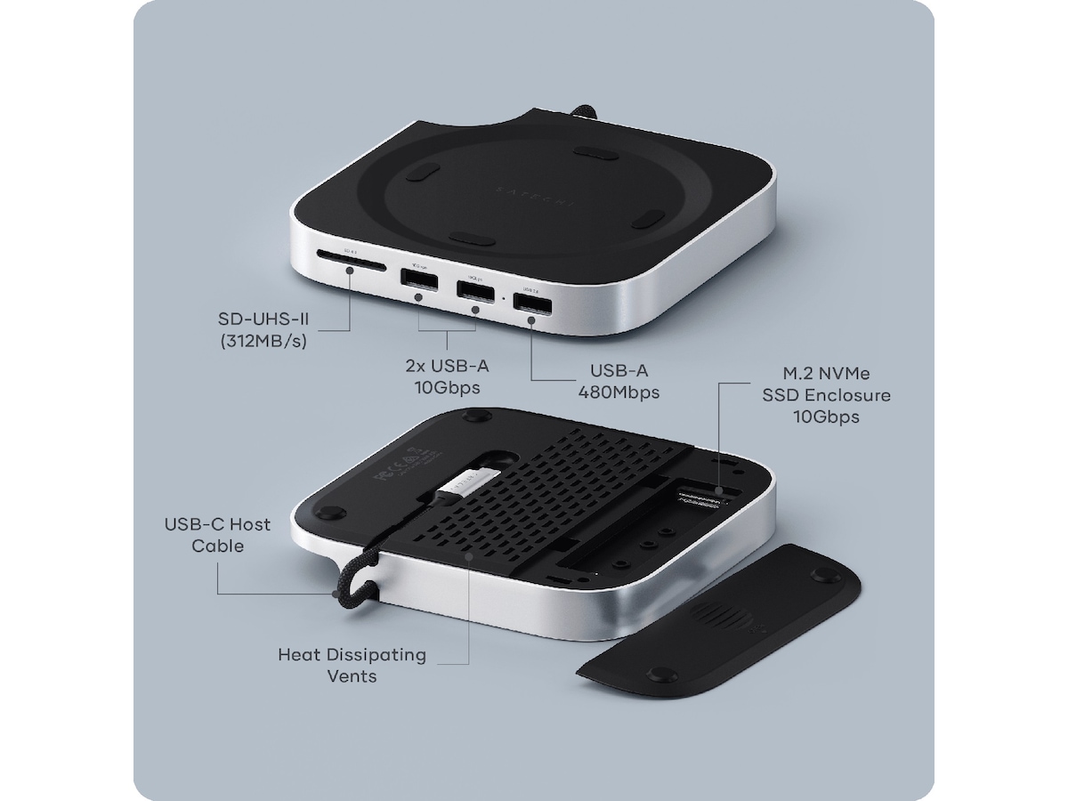 Satechi Mac Mini M4 Stand & Hub (sølv) Dockingstasjon & USB-HUB