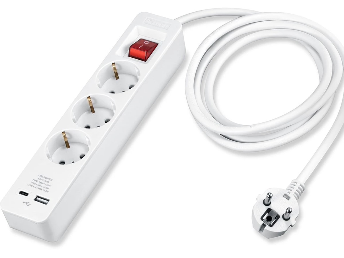 Andersson Strømforgrener 3 uttak 2 USB 1,5m (hvit) 2pk Skjøtekabel & forgrener