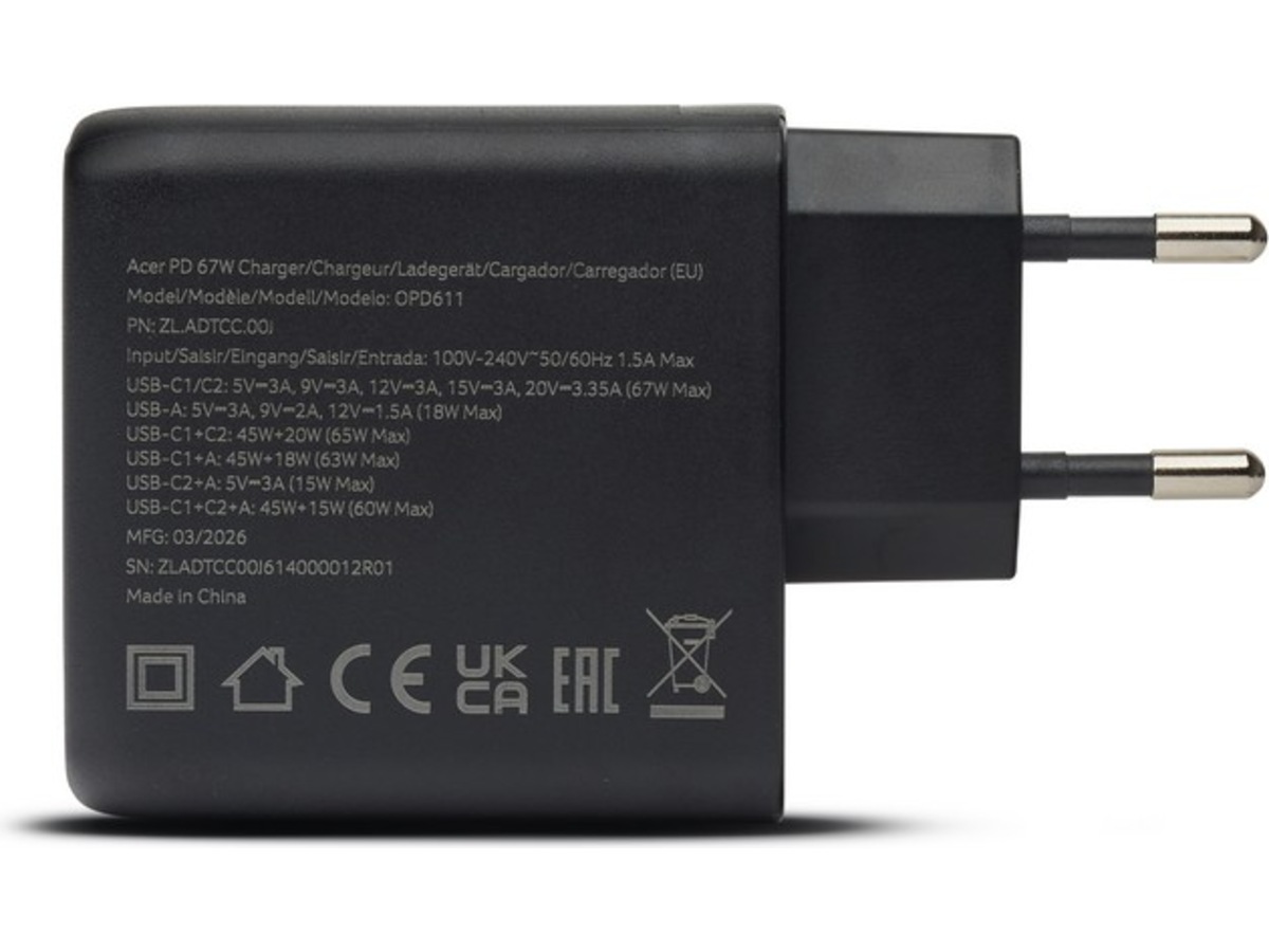 Acer 67W GaN PD-lader med 3 porter Batteri og lader