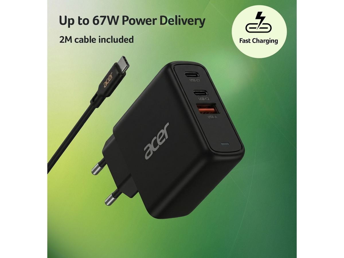 Acer 67W GaN PD-lader med 3 porter Batteri og lader