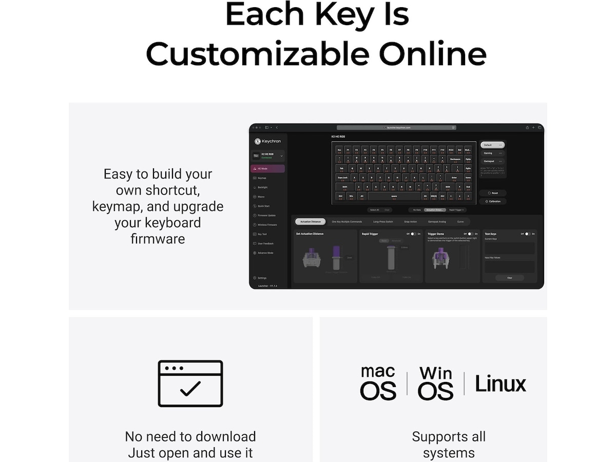 Keychron K2H-F1W-BO mekanisk tastatur 75% trådløst (valnøtt) Gamingtastatur