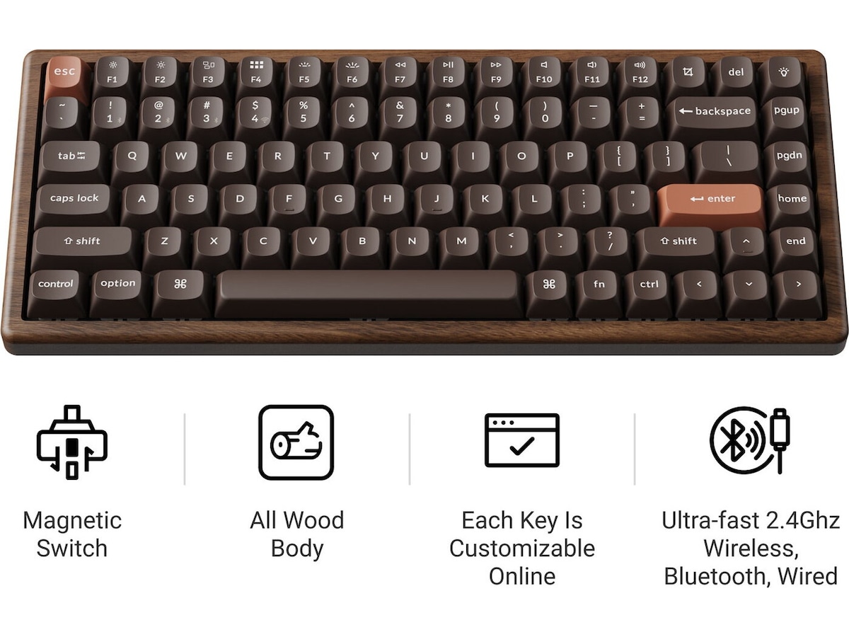 Keychron K2H-F1W-BO mekanisk tastatur 75% trådløst (valnøtt) Gamingtastatur