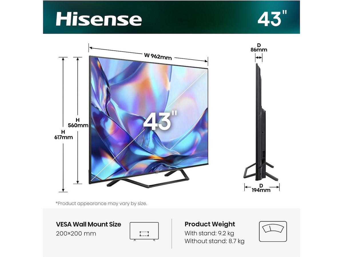 Hisense 43" A7S QLED 4K Smart TV (2026) 20 - 49 tommer TV