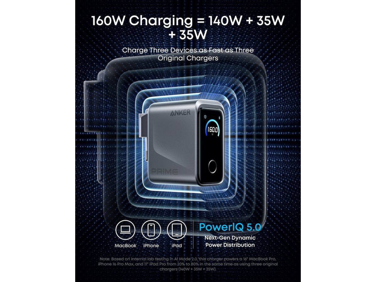 Anker Prime 160W 3 porter lader (sølv) Mobilladere