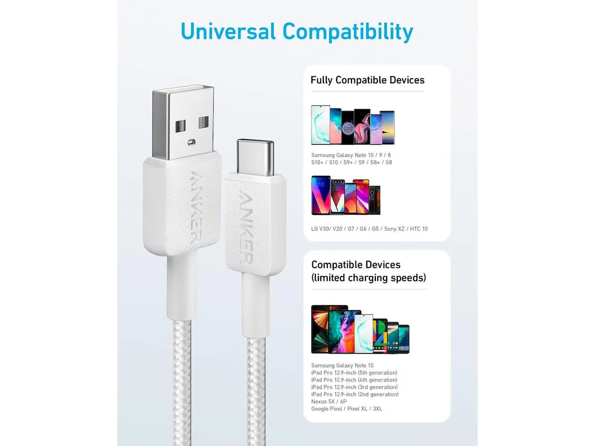 Anker 322 PowerLine USB-A til USB-C kabel 1,8m (hvit) USB-kabler