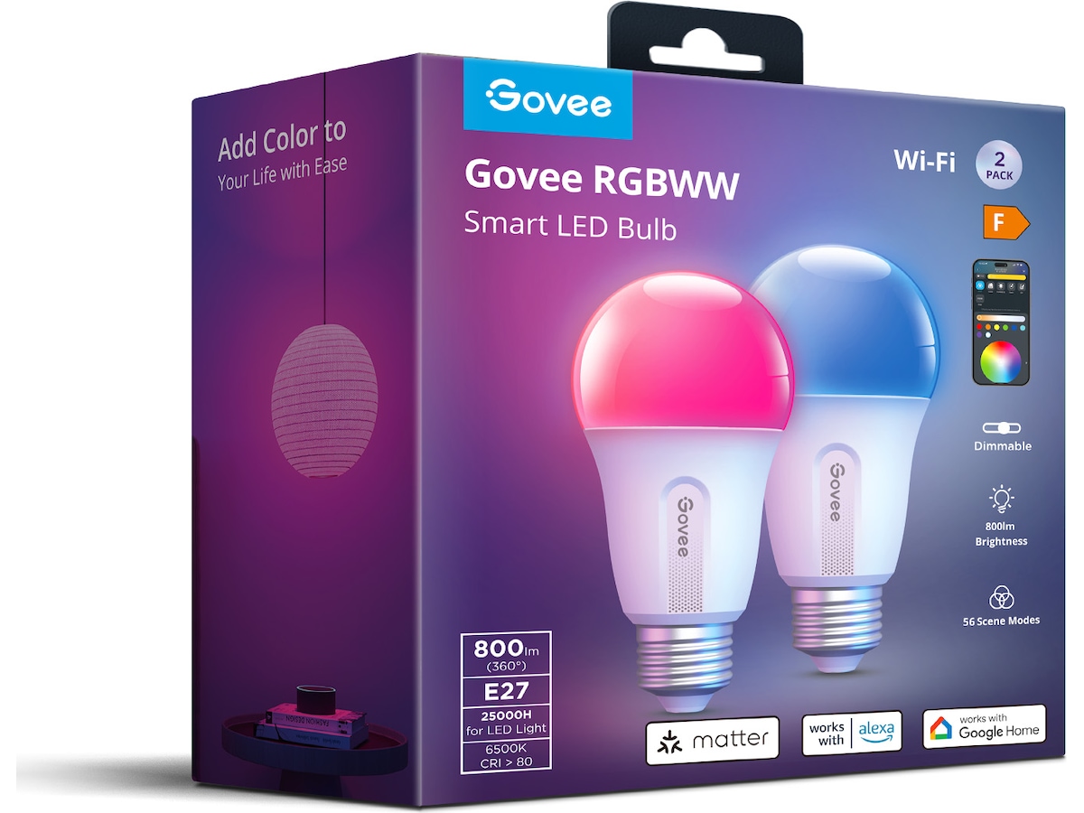 Govee LED Smart Lyspære, 800LM Fargeendring, Wi-Fi & Bluetooth Lyspærer & LED-pærer